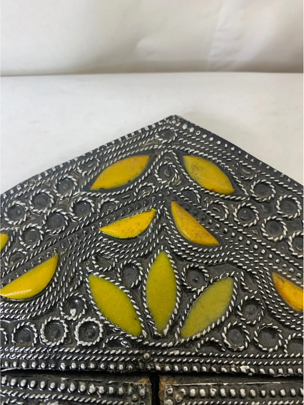 Vintage Moroccan handmade Wall Mirror with Yellow Inlay and Ornate Metal Frame